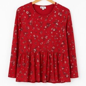 Love Fire Red Floral Peplum Long Sleeve Top Size 1X